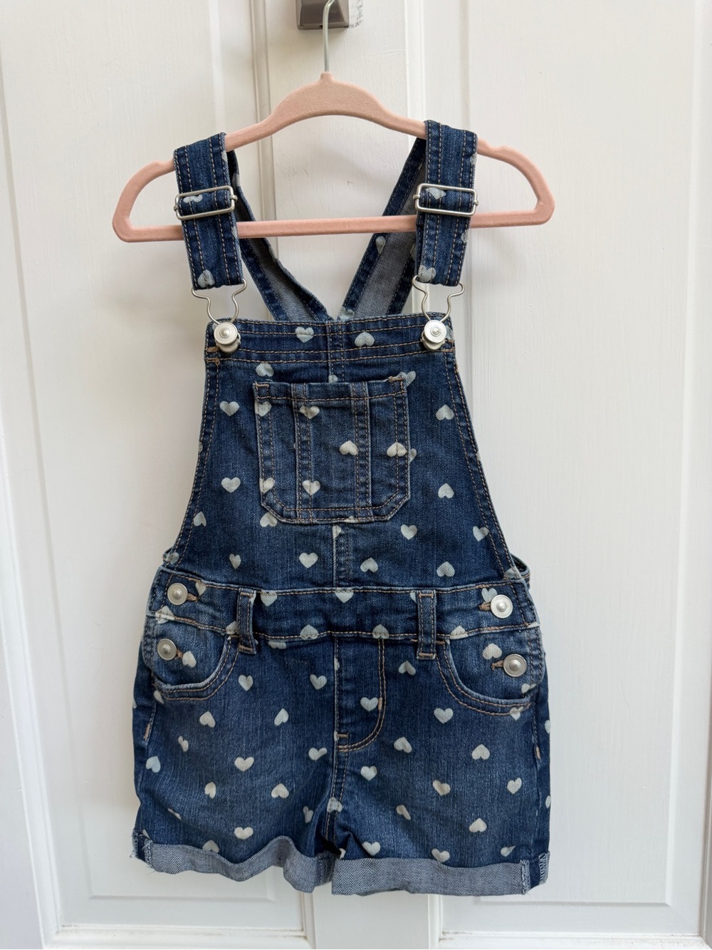 Wonder Nation Girls 4T Blue Denim Heart Print Short Overalls